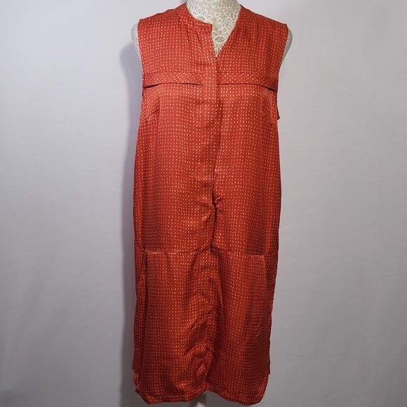 Fossil Women's 100% Silk Orange Ditzy Print Button Down Pockets Shift Dress SZ 4 - Picture 2 of 14